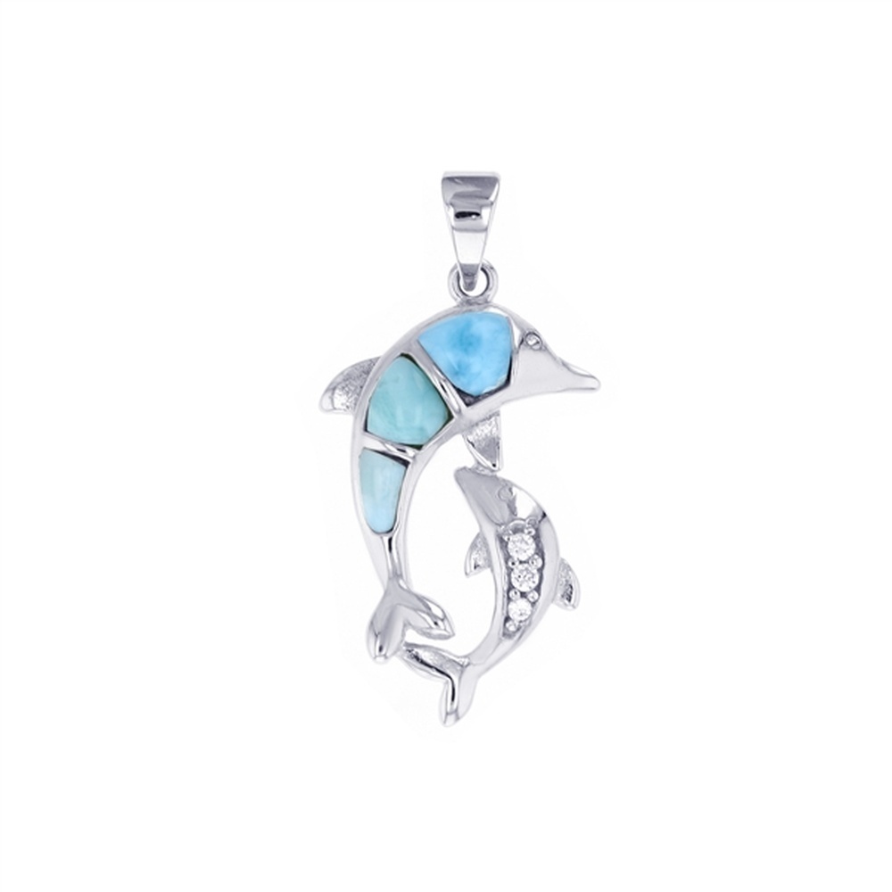 925 Sterling Silver Larimar Double Dolphin CZ Pendant 5.2 gm